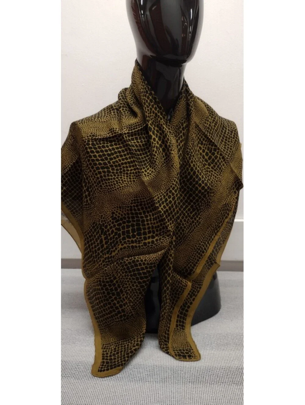 Vintage Silk Scarf 1980s New Wave Reptile Black Mocha Green Zashi India 39 x 39